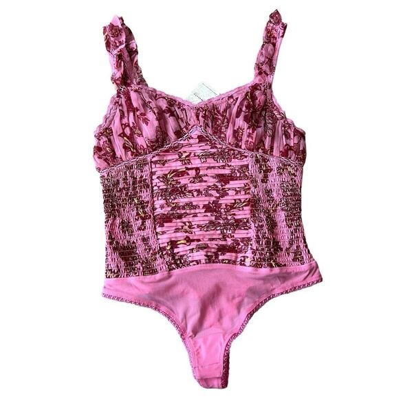 Free People XS Ruched Front Pink Micro Floral Bodysuit Coquette Fairy Girl New - Picture 2 of 9